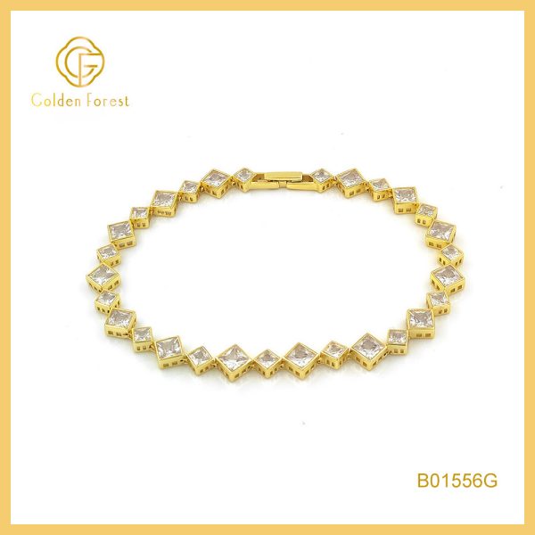 Gold Plated Square CZ Tennis Bracelet Glamorous Style for Stylish Women