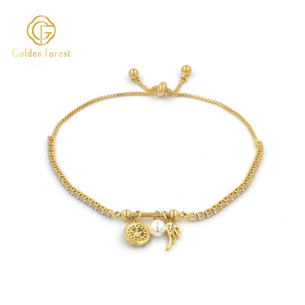 Gold plated Wing, Pearl & Star Unique Designs, Boho - Chic Charm Bracelet - Image 3