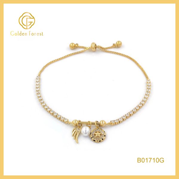 Gold plated Wing, Pearl & Star Unique Designs, Boho - Chic Charm Bracelet