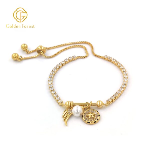 Gold plated Wing, Pearl & Star Unique Designs, Boho - Chic Charm Bracelet - Image 4