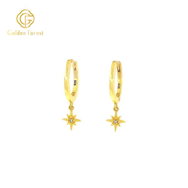 Stellar Gold Motif CZ Sculpture Huggie Hoops in 925 Silver - Image 4