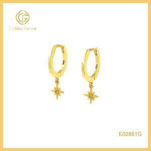 Stellar Gold Motif CZ Sculpture Huggie Hoops in 925 Silver