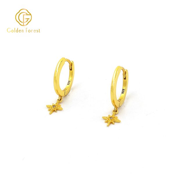 Stellar Gold Motif CZ Sculpture Huggie Hoops in 925 Silver - Image 3