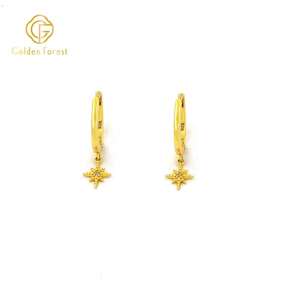 Stellar Gold Motif CZ Sculpture Huggie Hoops in 925 Silver - Image 2