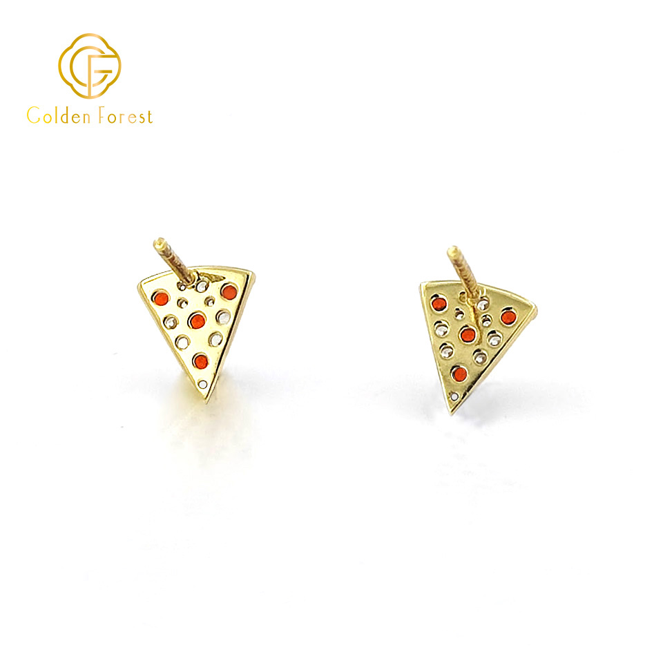 Kitch Gold Pizza Stud Earrings with Red White Crystals - Image 3
