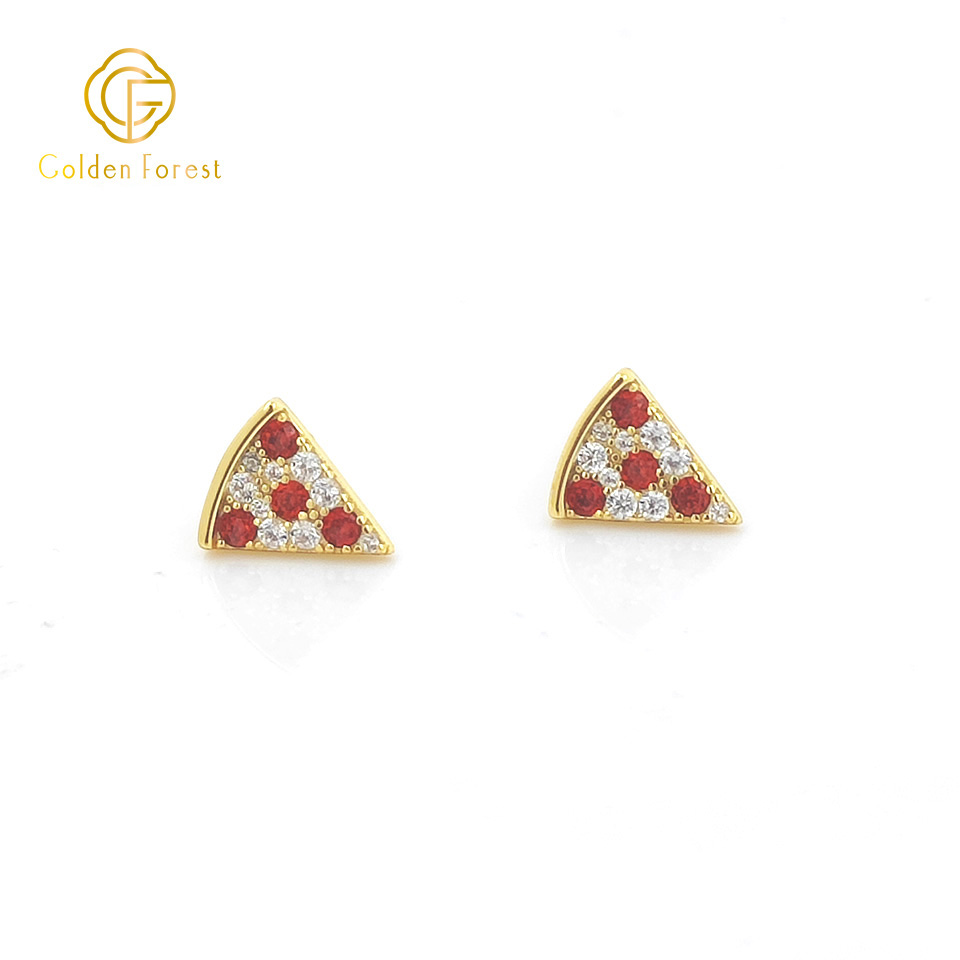 Kitch Gold Pizza Stud Earrings with Red White Crystals - Image 2