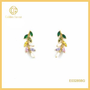 Multicolr Stone Leaf Earrings Gold Plated with Waterdrop Crystals