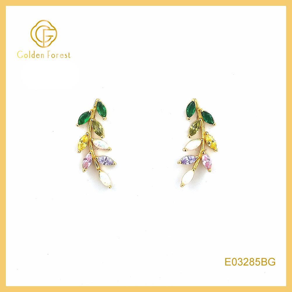 Multicolr Stone Leaf Earrings Gold Plated with Waterdrop Crystals