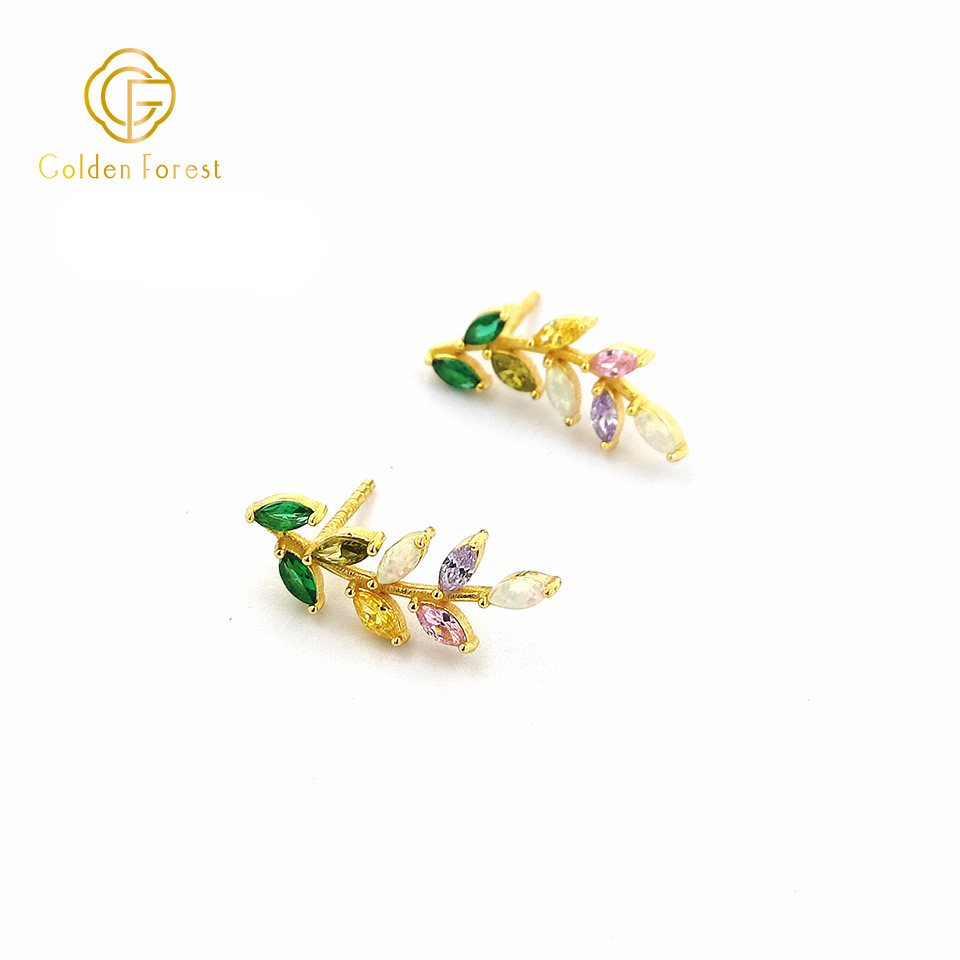 Multicolr Stone Leaf Earrings Gold Plated with Waterdrop Crystals - Image 2