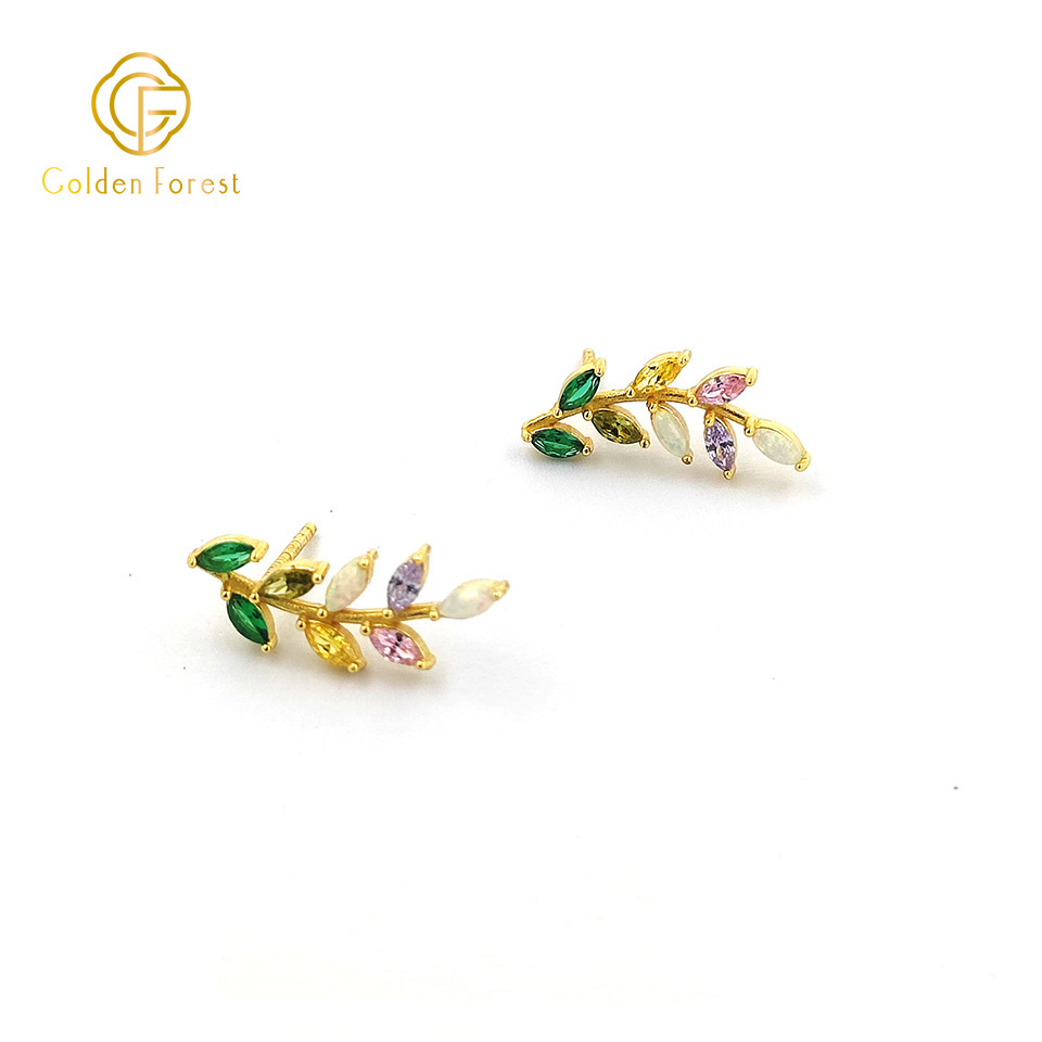 Multicolr Stone Leaf Earrings Gold Plated with Waterdrop Crystals - Image 3