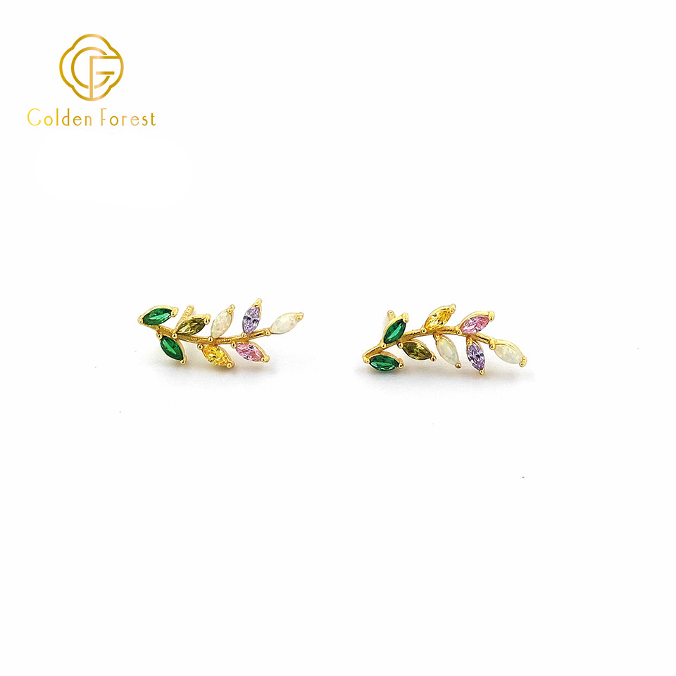 Multicolr Stone Leaf Earrings Gold Plated with Waterdrop Crystals - Image 4