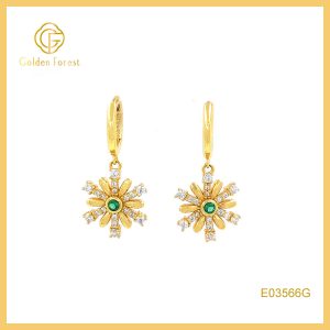 Snowflake Drop Gold Hoop Earrings Emerald Tone CZ Center