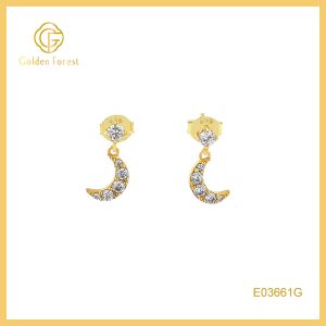 Shining Crescent Moon Drop Earrings - Gold Plated CZ Stones for Gift