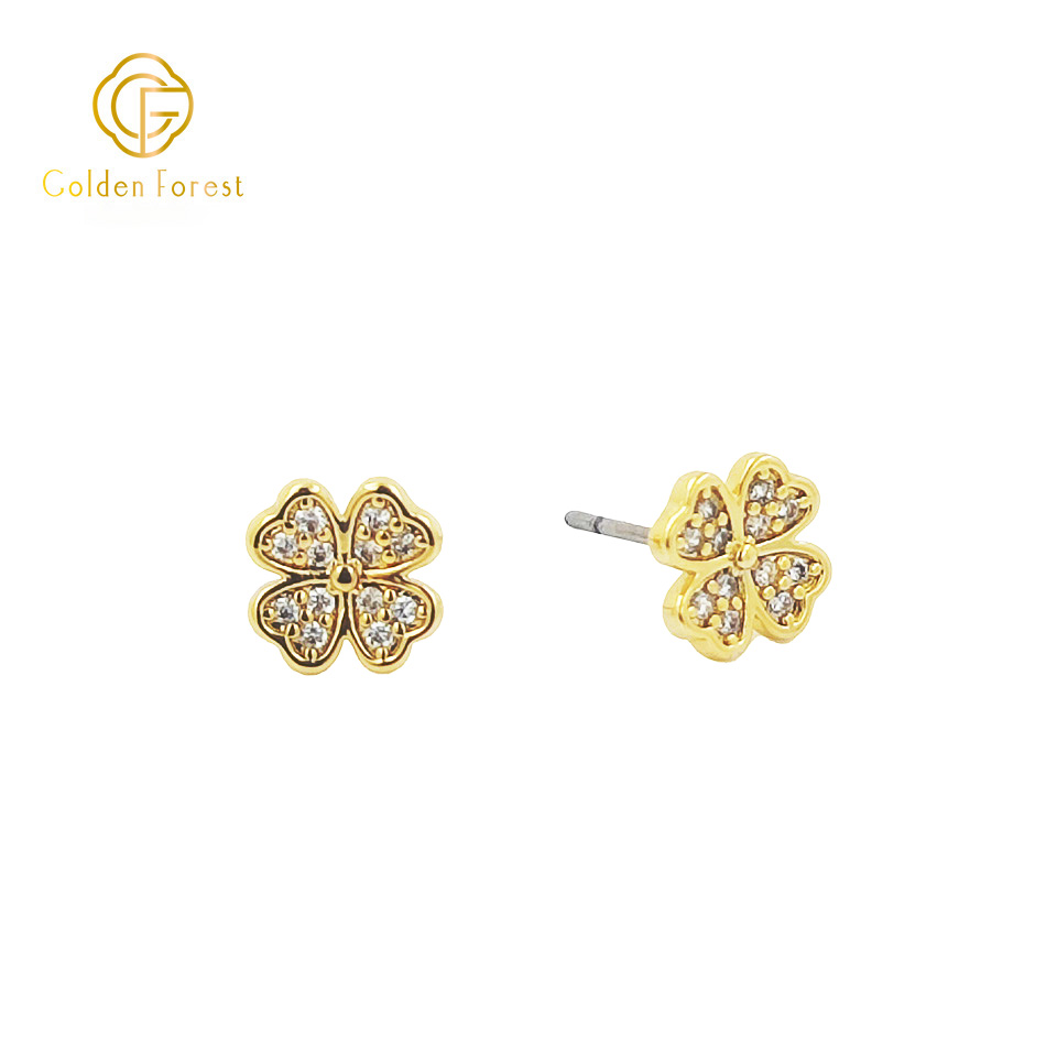 Tiny Gold CZ Clover Stud Earrings Delicate Gift For Women - Image 2