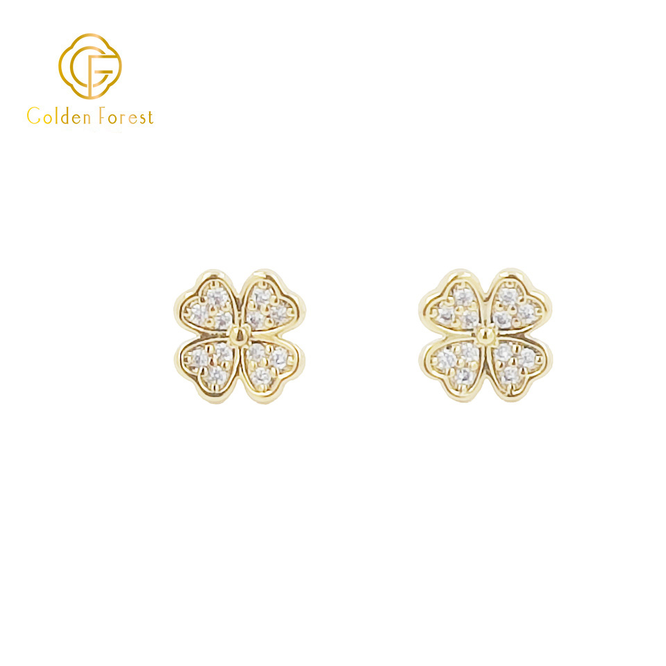 Tiny Gold CZ Clover Stud Earrings Delicate Gift For Women - Image 4