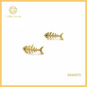 Gothic CZ Fish Bone Earrings Gold Plated with Black Onyx Eyes