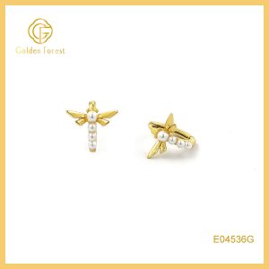 Angel Wing Pearl Dangle Hoop Earrings Gold Tone