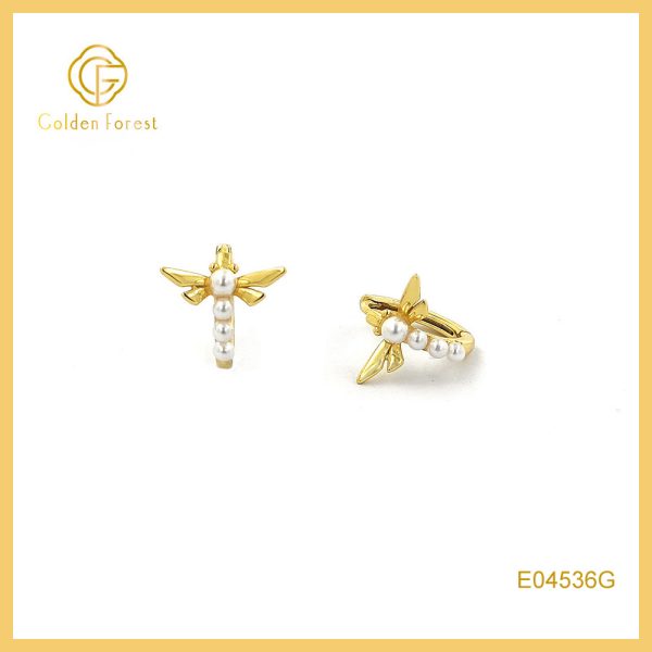 Angel Wing Pearl Dangle Hoop Earrings Gold Tone