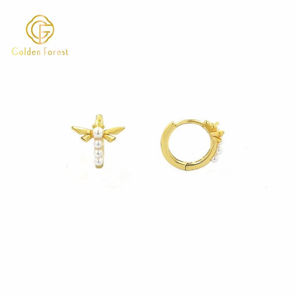 Angel Wing Pearl Dangle Hoop Earrings Gold Tone - Image 3