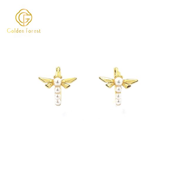 Angel Wing Pearl Dangle Hoop Earrings Gold Tone - Image 2