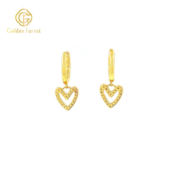 Hollow Heart Drop Huggie Hoops with Gold Plated - Image 4
