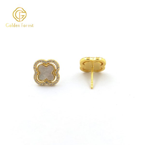 925 Silver Delicate Clover Stud Earrings with Cubic Zirconia and MOP - Image 4