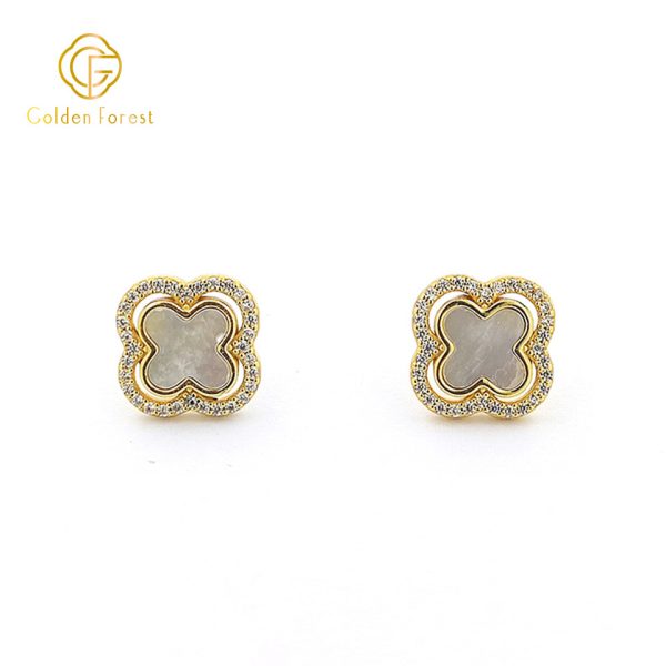 925 Silver Delicate Clover Stud Earrings with Cubic Zirconia and MOP - Image 3