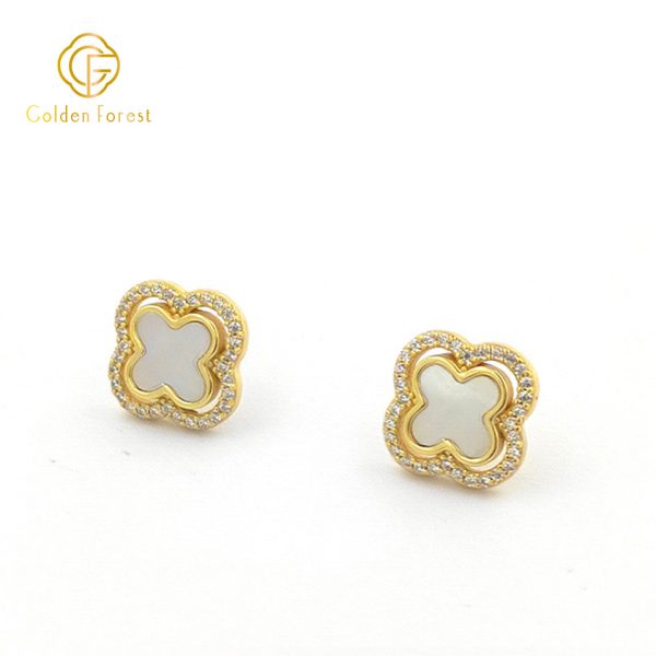 925 Silver Delicate Clover Stud Earrings with Cubic Zirconia and MOP - Image 2