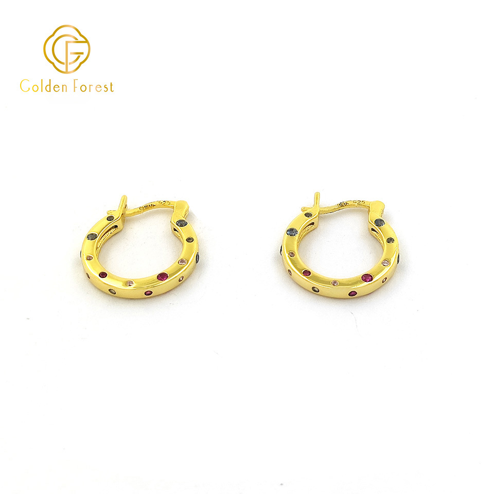 Gemstone Encrusted Huggie Hoops - Muticolor Cubic Zirconia in Gold Tone - Image 4