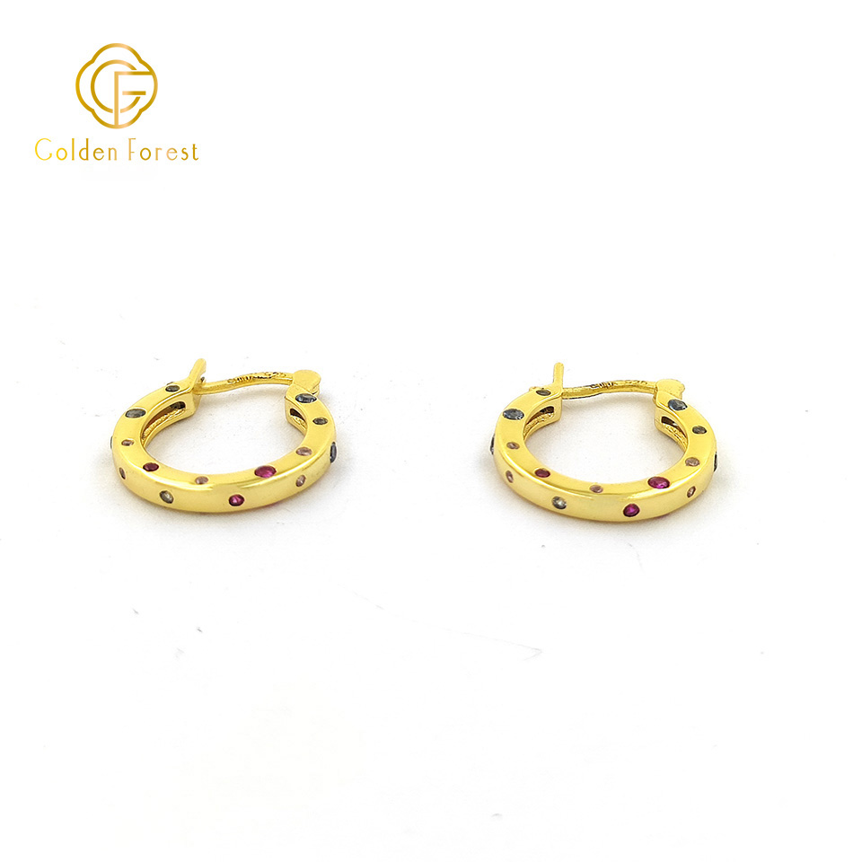 Gemstone Encrusted Huggie Hoops - Muticolor Cubic Zirconia in Gold Tone - Image 3