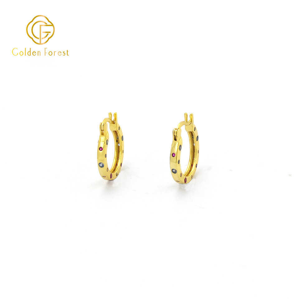 Gemstone Encrusted Huggie Hoops - Muticolor Cubic Zirconia in Gold Tone - Image 2