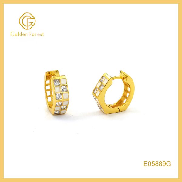 Architectural Lattice Earrings Enamel & Cubic Zirconia in Gold Plated 925 Silver