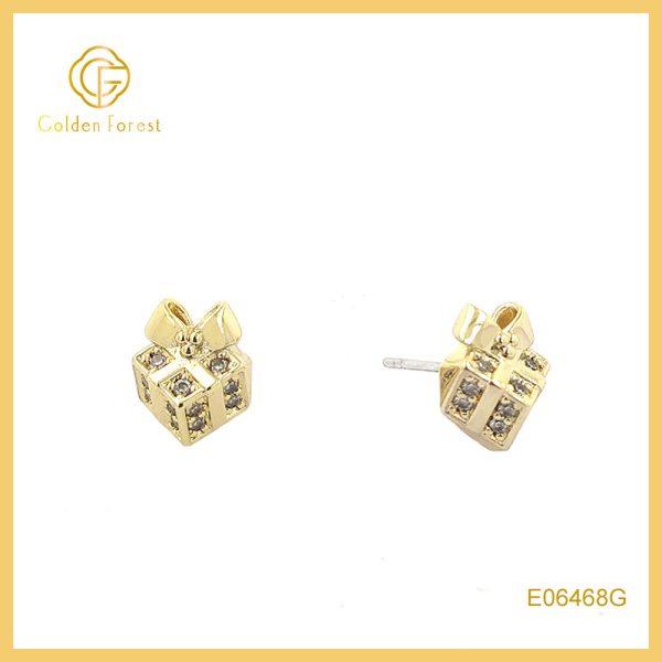 Dainty Gift Box Stud Earrings with Cubic Zirconia for Christmas