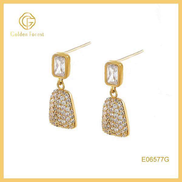 925 Silver Drop Earrings Rectangular CZ  Clusters Gold Plated