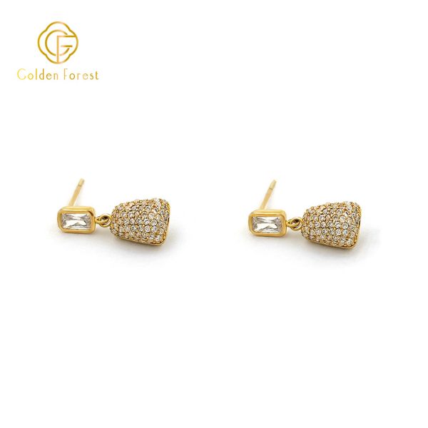 925 Silver Drop Earrings Rectangular CZ  Clusters Gold Plated - Image 3