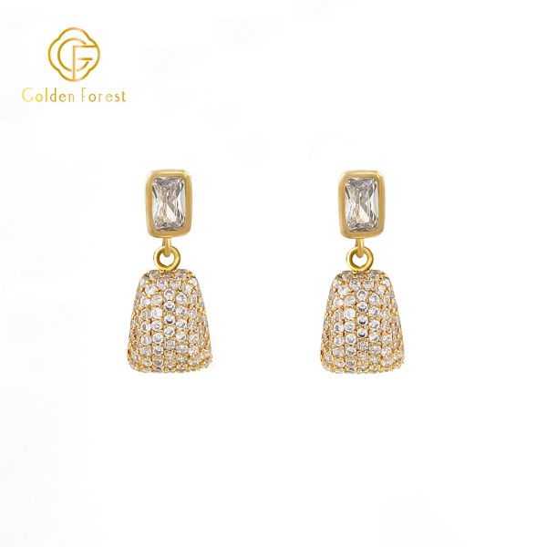 925 Silver Drop Earrings Rectangular CZ  Clusters Gold Plated - Image 2