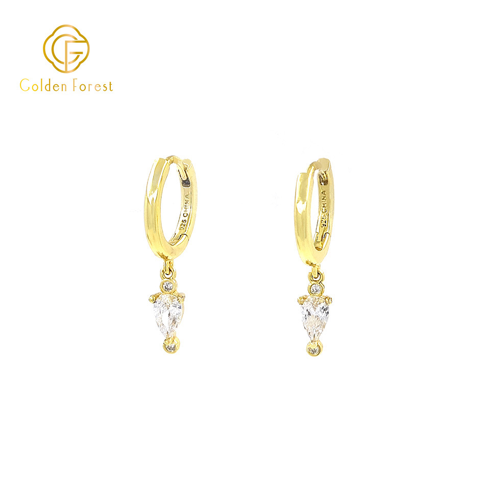 Gold Plated CZ Huggie Hoop Earrings - Gilded Teardrop Sculptures - Image 2