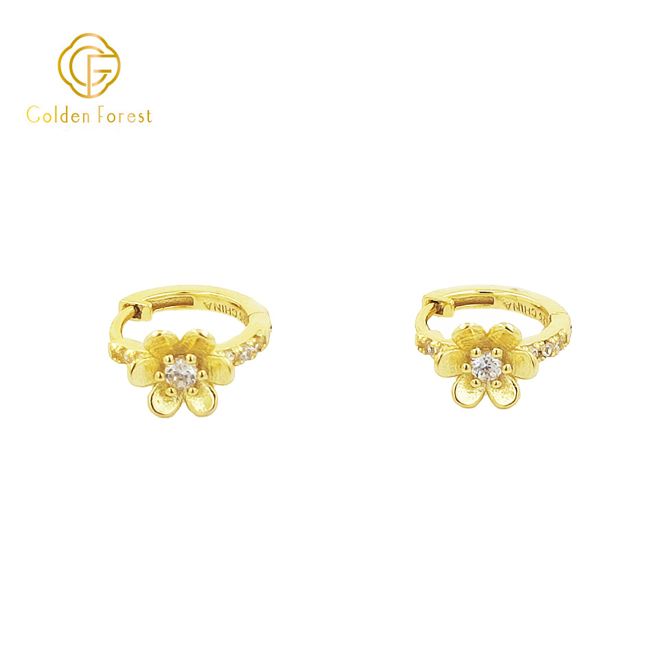 Tiny Gold CZ Flower Huggie Hoop Earrings - Image 3