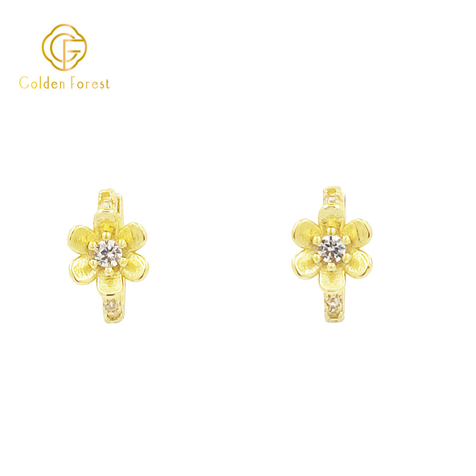 Tiny Gold CZ Flower Huggie Hoop Earrings - Image 2