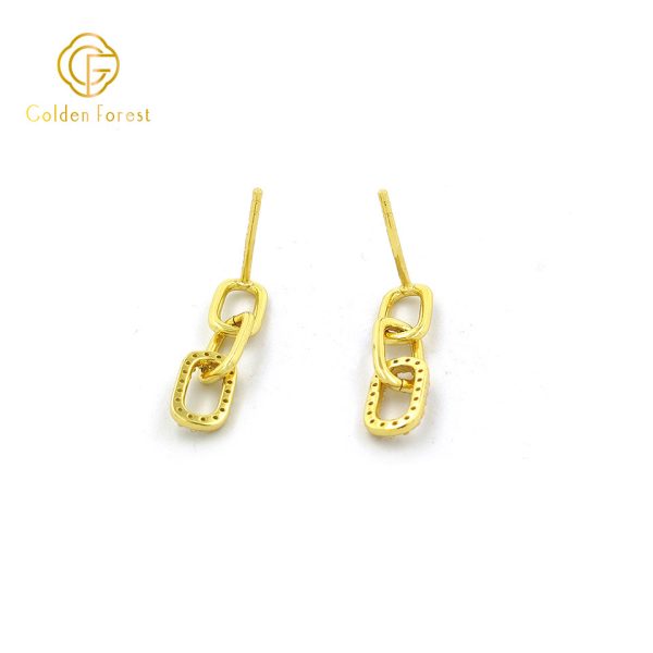 Chain Link Earrings - Rectangle CZ Frame Gold Tone - Image 3