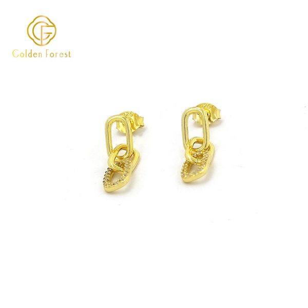 Chain Link Earrings - Rectangle CZ Frame Gold Tone - Image 2