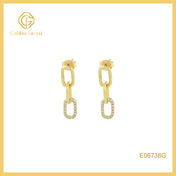 Chain Link Earrings - Rectangle CZ Frame Gold Tone
