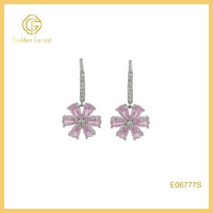 Silver Pink Daisy Hoop Huggie Earring for Women