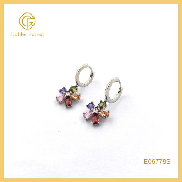 925 Silver Sweet Colorful Flower Huggie Earring for Gift