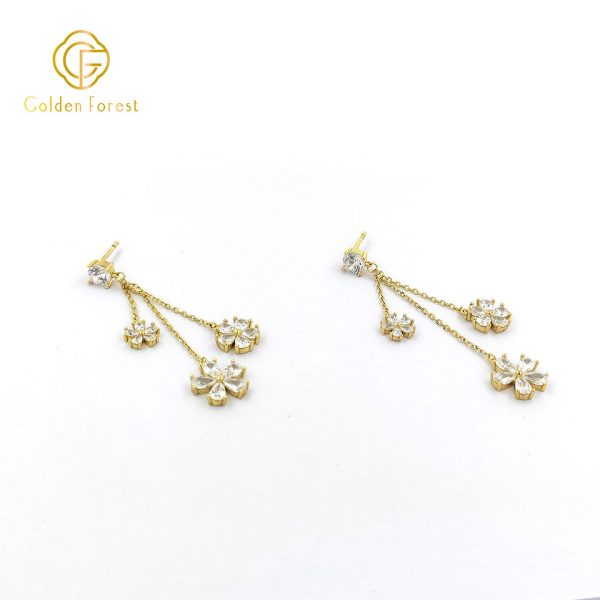 Dainty Flower Long Danle Earrings with Cubic Zirconia - Image 3