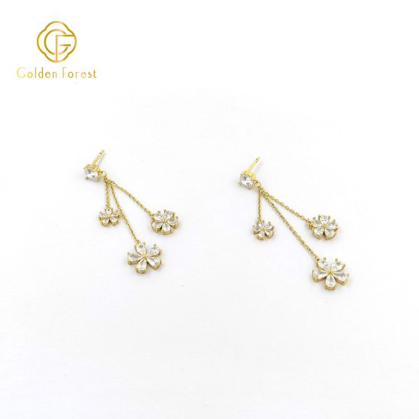 Dainty Flower Long Danle Earrings with Cubic Zirconia - Image 2