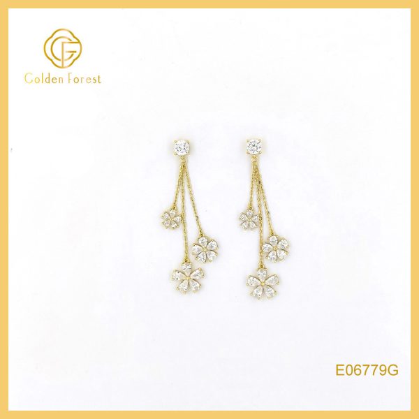 Dainty Flower Long Danle Earrings with Cubic Zirconia