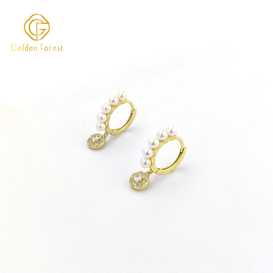 Sterling Silver White Pearl Huggie Earrings with Cubic Zirconia for Women - Image 4