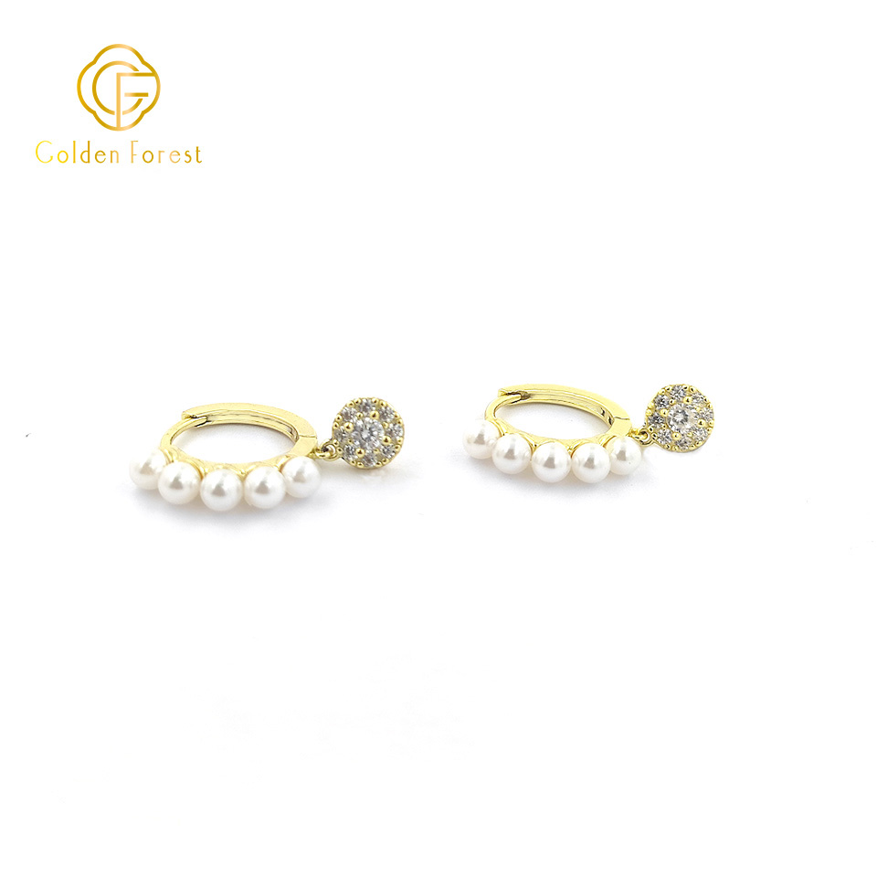 Sterling Silver White Pearl Huggie Earrings with Cubic Zirconia for Women - Image 3