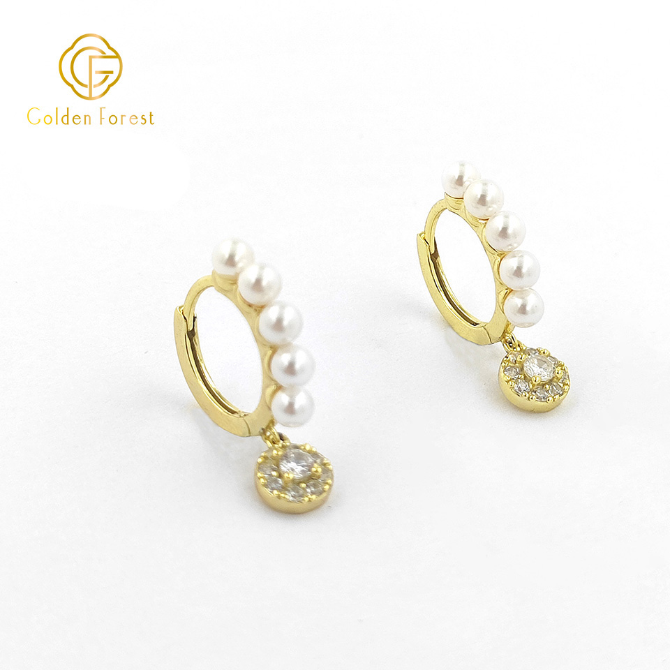 Sterling Silver White Pearl Huggie Earrings with Cubic Zirconia for Women - Image 2
